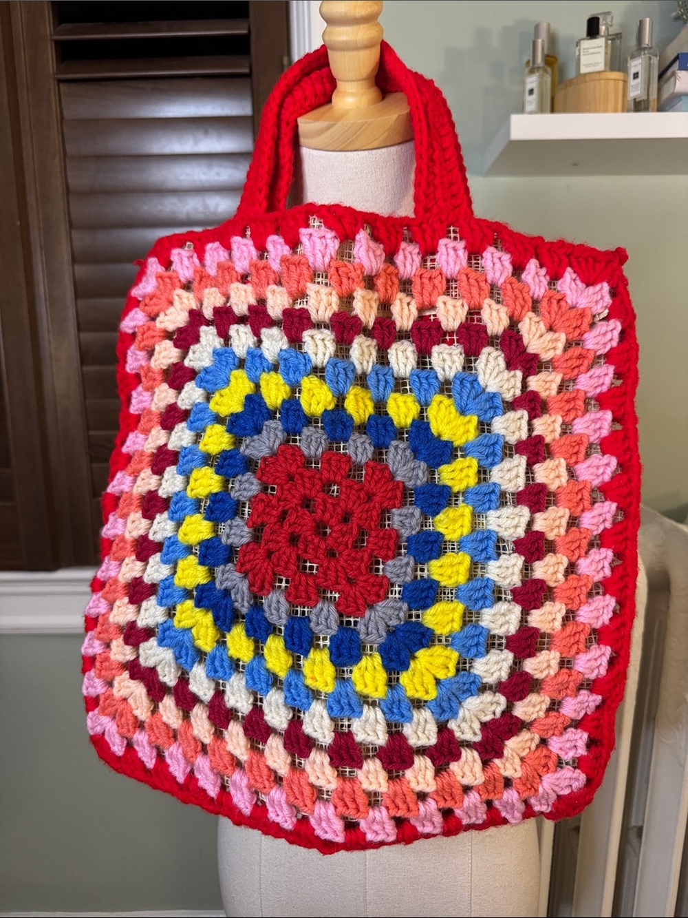 Handmade Multicolor Crochet Tote Bag with Red Trim